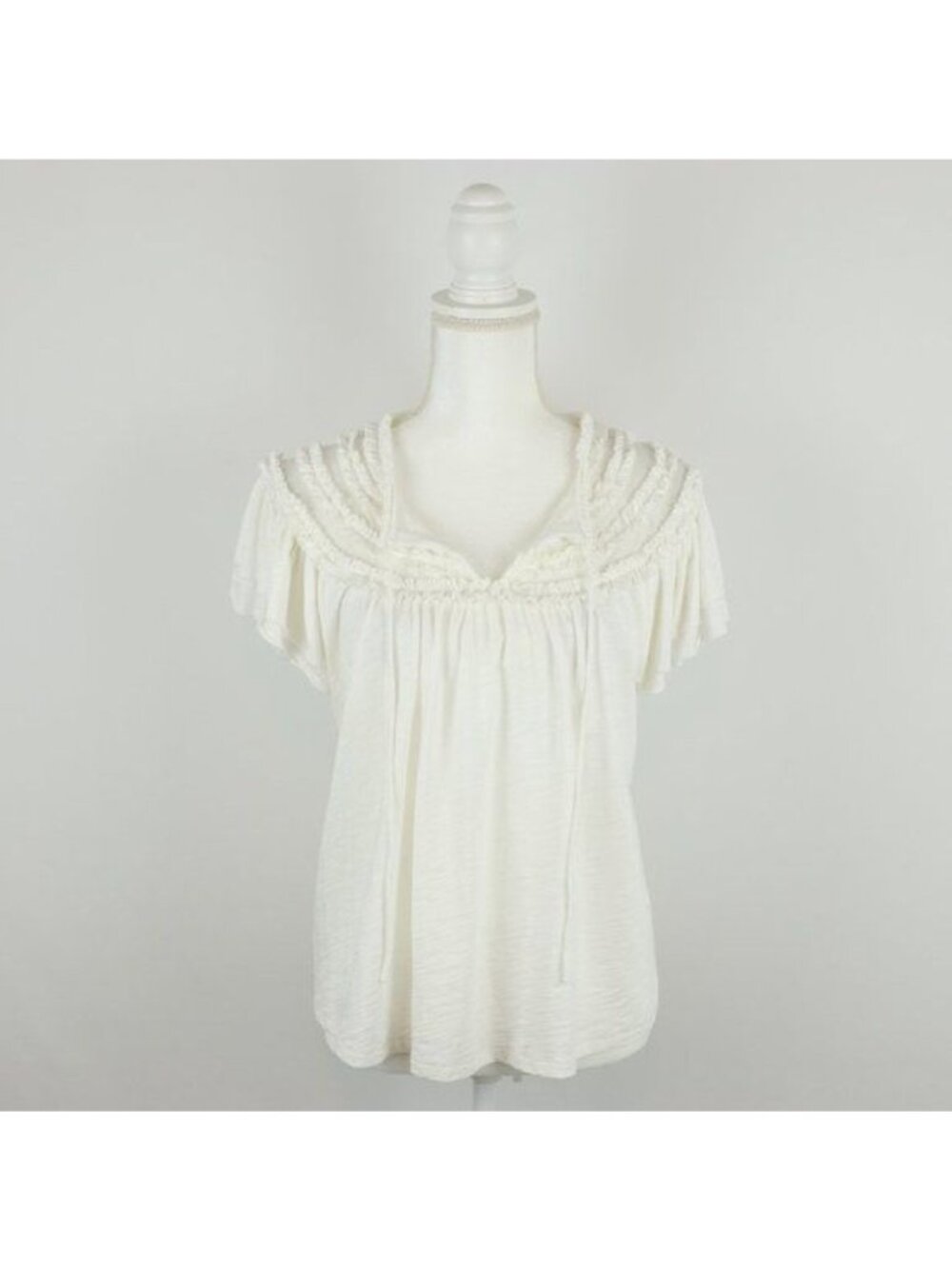 Goldie Women's Medium White Pima Cotton Split Neck Ruffled Short Sleeve Blouse